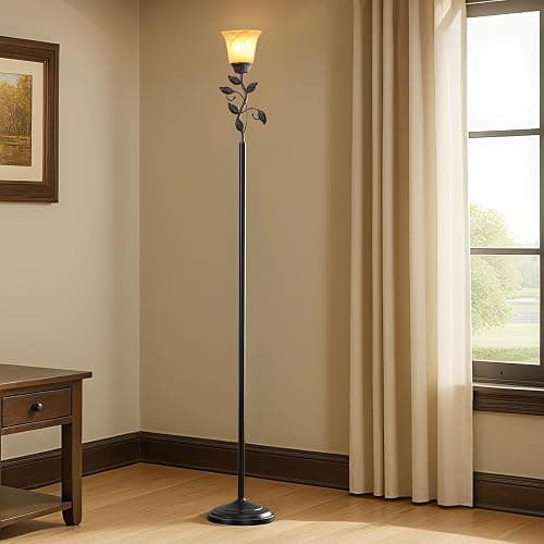 RORIANO 72” Flower Farmhouse Leaf Floor Lamp for Living Room | Rustic Tall Standing Lamp with Amber Glass Shade and Traditional Foot Switch for Bedroom, Corner, Office, Bulb Included thumbnail 8