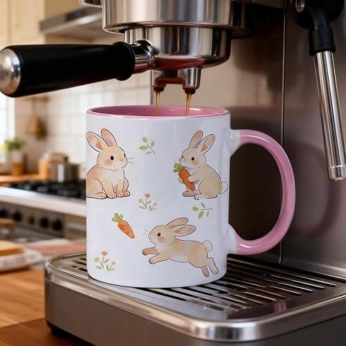 VACNKOCY 11oz Cute Bunny Ceramic Coffee Mug with Pink Handle & Interior – Adorable Rabbit & Carrot Floral Design Tea Cup – Aesthetic Gift Mug for Home, Office, Easter & Spring Décor thumbnail 8