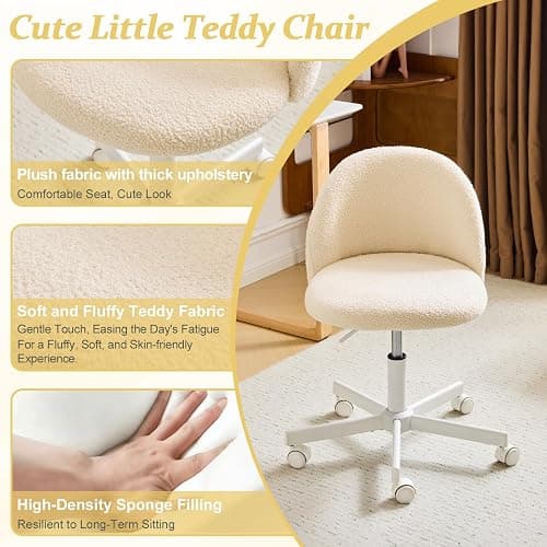 VINGLI Candy Chair Armless Cute Desk Chair,Comfy Small Office Chair with Wheels,Vanity Chair Lumbar Support,Teddy Adjustable Rolling Swivel Computer Task Chair for Home Office,Bedroom,Creamy Beige thumbnail 6
