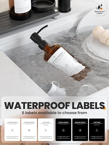 [Luxury] Kitchen Soap Dispenser Set - 16OZ Amber Glass Bottle, Stainless Steel Pump, Instant Dry Tray, Waterproof Labels, Non-Slip Silicone Pad, and Dish Brush | Upgrade for Your Kitchen and Bathroom thumbnail 4
