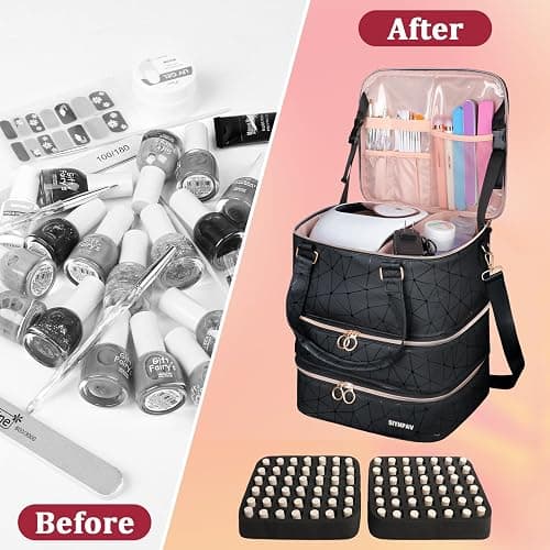 SIYNPAV Nail Polish Organizer Bag Holds 84 Bottles (15ml/0.5fl.oz)& Nail Lamp, 3 Layers Detachable Nail Kit Storage Case PU Leather, Large Travel Nail Supplies Shoulder Bag for Manicure Tools (Black) thumbnail 9