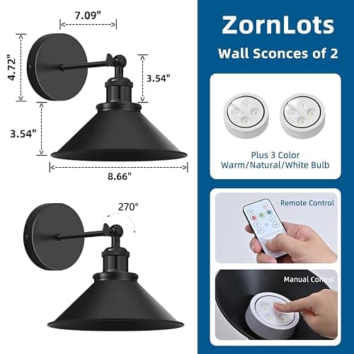 ZornLots Battery Operated Wall Sconce Set of 2,Vintage Wireless Wall Sconces with Remote,Dimmable Led Wall Lights,Wall Lamp Fixture Indoor Bedroom Living Room Kitchen,LED Bulbs Included,Black thumbnail 5