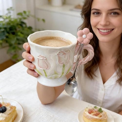 DTIUYIOP Ceramic Coffee MugEspresso Cup 14oz Pink Cute Flower withSpoon | novelty coffee mug，Glazed Ceramic Smooth Glossy Surface Lead ，Comes with Matching Spoon ，cute mugs for women thumbnail 5
