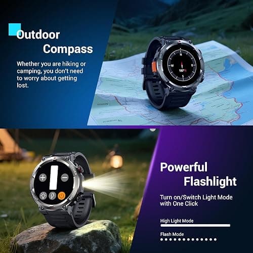 Military Smart Watch for Men(Answer/Make Calls),Outdoor Smartwatch with 100 Days Battery/Flashlight/Compass/Heart Rate/SpO2/Sleep Monitor/2 Straps, Rugged Fitness Watch for iPhone/Android Phones thumbnail 7