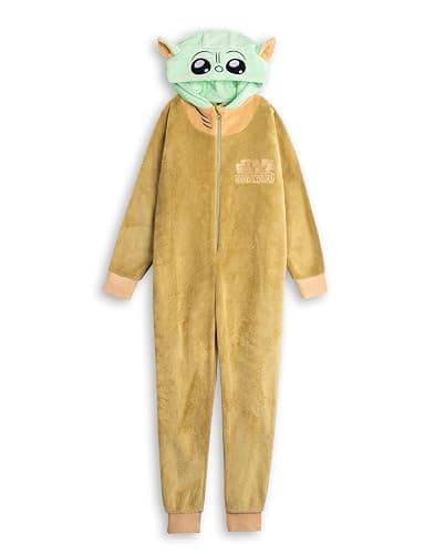 STAR WARS The Mandalorian Grogu Unisex Kids Green Onesie | Hooded Zip-Up Fleece Loungewear - Image 1