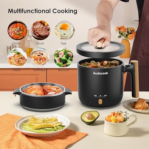 Audecook Hot Pot Electric with Steamer, 1.8L Portable Mini Travel Cooker, Multifunctional Non-Stick Electric Skillet for Stir Fry/Stew/Steam, Perfect for Ramen Noodles/Pasta/Egg/Soup/Oatmeal(Black) thumbnail 3