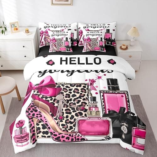 Erosebridal Black and Pink Leopard Print Comforter Set King Size | Fashion Modern Girly Bedding Set 7 Pieces Bow Perfume High Heels Bed Sets Trendy Stylish Girls Bed in A Bag with Flat Fitted Sheets - Image 1