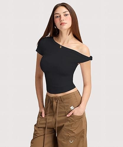 Curvphilo Women Summer Off Shoulder Tops Y2K Going Out T Shirts Double Lined Crop Top Fashion Clothes Trendy Outfits thumbnail 4