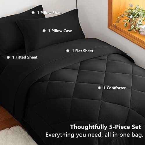 CozyLux Twin XL Comforter Set Black - 5 Pieces Twin Extra Long Bed in a Bag for College Dorm, All Season Bedding Set for Girls and Boys, Soft Bed Set with Comforter, Sheets, Pillowcase & Sham thumbnail 3