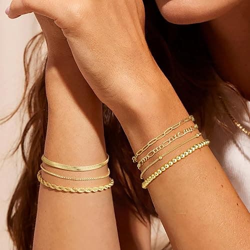 M MOOHAM Mothers Day Gifts, 7PCS Gold Bracelets for Women - 14K Real Gold Plated Beaded Bracelets Set Rope Paperclip Chain Stackable Bracelet Non Tarnish, Friendship Birthday Jewelry Gifts for Women thumbnail 8