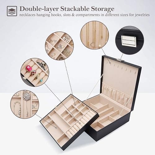 ProCase Jewelry Box for Women, 2 Layers Large Leather Jewelry Organizer Storage Case with Removable Pad for Earrings -Black thumbnail 4