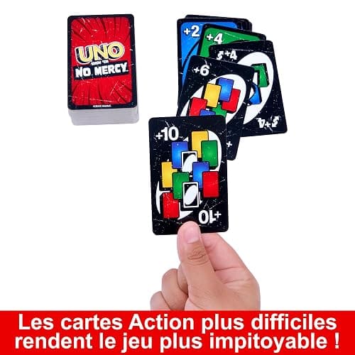 Mattel Games UNO No Mercy Jeu de cartes dans sa boîte de transport et de voyage, pour des soirées jeux en famille, avec des règles spéciales et des pénalités plus sévères, HXT57 thumbnail 4