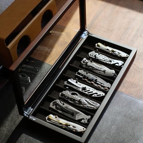 Besforu Knife Display Case Organizer storage 8 pocket knives, Folding Knife Holder with Real Glass Window Top， Pocket knife collection box for men gift (Ebony Veneer 8 slot) thumbnail 4