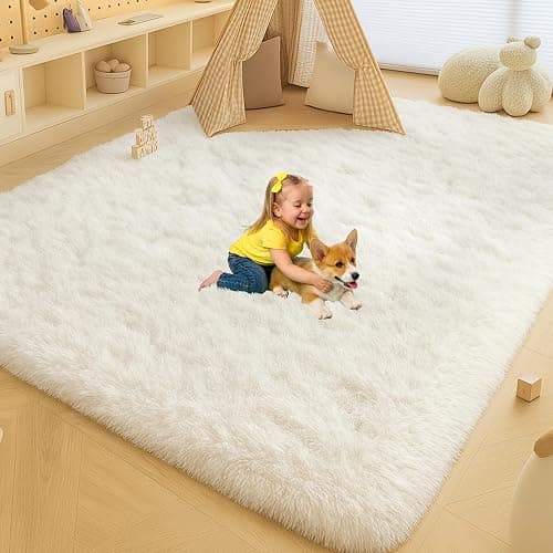Mtandyx Area Rugs for Living Room, Bedroom, Cream Plush Fluffy Carpet | 6x9 Non-Slip Upgrade High Pile Carpet, Thick Soft Fuzzy Rug, Kid Boys Girls Playroom. Cozy, Modern Design. thumbnail 6