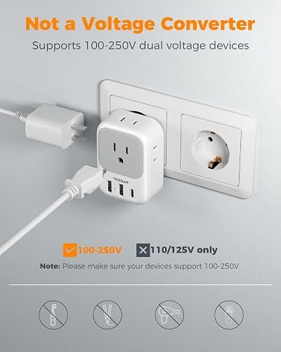 TESSAN European Travel Plug Adapter 2 Pack, Type C Plug | Not Voltage Converter, 4 Outlets 3 USB (1 USB C PD 20W), For Europe Italy Spain France Portugal Iceland Germany thumbnail 7