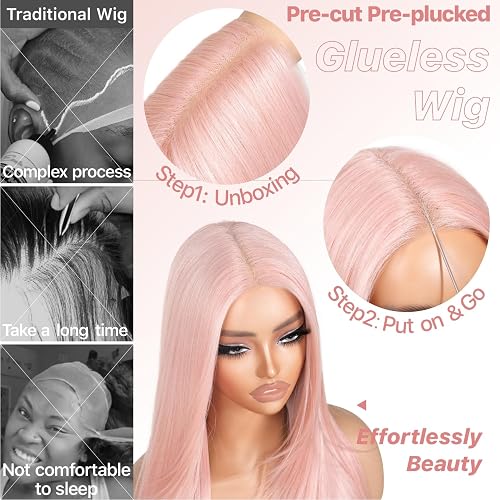 BrownBomb Pink Wear and Go Glueless Wigs Light Pink Synthetic Lace Front Wigs Pre Plucked Pre Cut Long Layered Straight Wigs with Curtain Bangs For Woman middle Part Wig 26 Inch for Beginners thumbnail 4