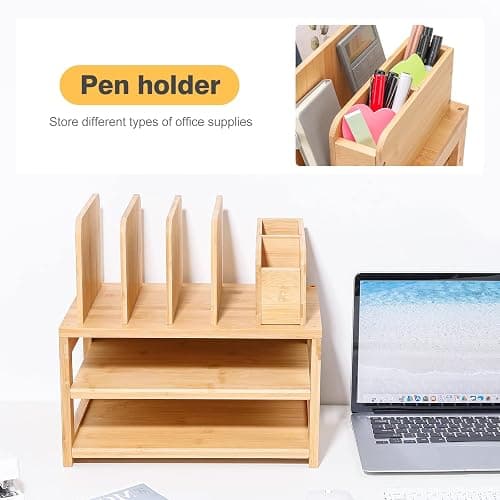 Homde Bamboo Desk Organizer with File Holder, Office Organization for Desks with Adjustable Pen Holding, Desktop Letter Paper Tray Storage for Workplace Home School (3-Tier,Natural) thumbnail 5