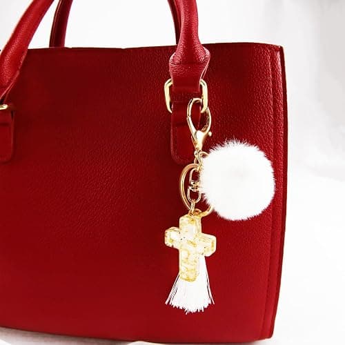Tinsparkwin 2Packs Cross Pom Pom Keychains Christian Keyring Tassels Plush Resin Jesus Key Chain Bag Charm Phone Key thumbnail 6