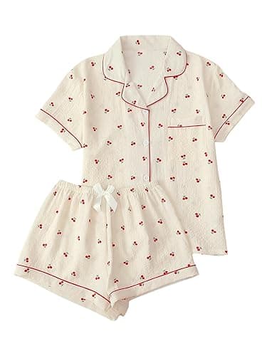 Verdusa Women's 2 Piece Pajama Sets Lightweight Fall Pajamas Cute Pj Set Button Shirt with Shorts Lounge Pjs