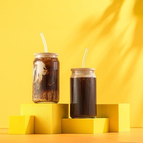 JoyJolt Fluted Glass Tumblers with Bamboo Lids and Glass Straws, Ribbed Can Shaped Drinking Glasses Set of 4, 16oz Cup with Lids and Straws, Iced Coffee Cups, Cocktail/Beer Glasses, Tea Cups thumbnail 2