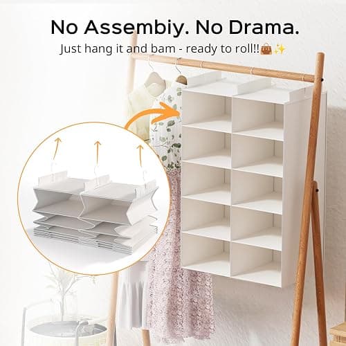 ALLTIDYUP White 5-Tier Hanging Closet Storage Organizer - Space-Saving Dual-Row Foldable Shelves with 3 Hooks, Wardrobe Organizer for Dorm, Bedroom, Clothes and Accessories thumbnail 4