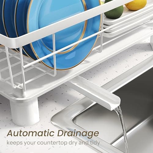 SNTD Dish Drying Rack - Small Dish Rack for Kitchen Counter, Stainless Steel Dish Drainer with Utensil Holder and Drainboard, 11" W x 15" L (White) thumbnail 4