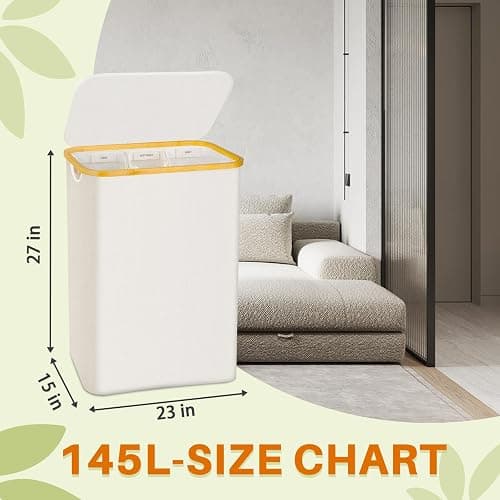 Laundry Hamper 3 Section, 145L Dirty Clothes Hamper with Lid, Extra Large Laundry Basket Organizer with Removable Inner Bags & Labels for Laundry Room, Bedroom, Beige - 145L - Beige thumbnail 2