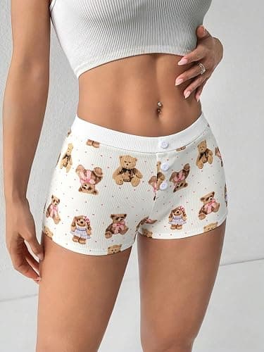 ZAFUL Women Y2K Lounge Shorts Bear Print Skinny Pajama Bottoms Elastic Button Front Sleep Shorts thumbnail 3