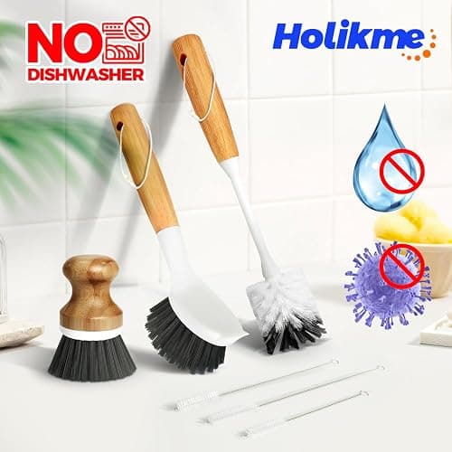 Holikme 6 Pack Dish Brush Scouring Pad Set with Bottle Brush, Dish Brush, Palm Scrub Brush and Straw Brush, Dish Scrubber Long Handle for Dish Bottle Cup Skillet Wok Pot Pan Cast Iron, Dark Gray thumbnail 6