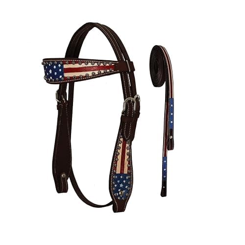 Tahoe Tack Patriotic Hand Painted American Flag Western Browband Headstall with Matching Reins - Image 1