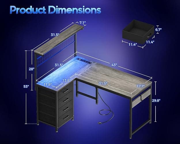 MOTPK L Shaped Gaming Desk with Shelf & 4 Drawers, 43" Reversible Computer Desk with LED Light, Home Office Table with Hutch and Hook, Oak Grey thumbnail 2