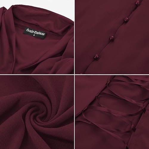 Scarlet Darkness Womens Work Tops Elegant Short Sleeve Victorian Blouse | Ideal for Ren Faire, Pirate Festival, Office, Business, Daily. V Neck, Button Down, Lace Up Back, Lace Patchwork thumbnail 7