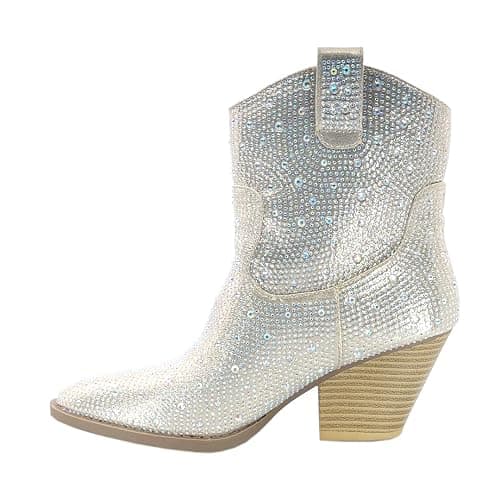 ABSOLEX Women Western Cowgirl Cowboy Pointed Toe Rhinestone Ankle Booties | Casual Boots thumbnail 4