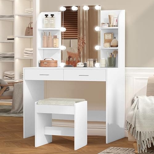 FIONESO Vanity Desk with Mirror & Lights, Makeup Vanity Table with 2 Large Drawers, 6 Storage Shelves & Stool, Bedroom Dressing Vanity Table with 3 Color Light Adjustable, White thumbnail 4