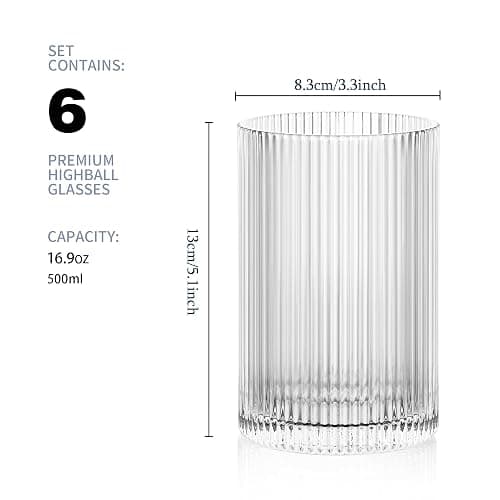 POLIDREAM Vintage Ribbed Glassware Set: 6pcs 16.9oz Drinking Glasses, Fluted Ripple Drinkware, Origami Style, Elegant Glassware for Whiskey, Cocktail, Iced Coffee, Juice, Beer, Soda thumbnail 3