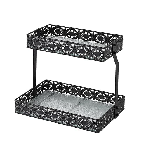 xiaojuande-Two Layer Glass Storage Tray with Portable Dressing Table Skin Care Product Organization Rack Corner Storage Rack for Bathroom Counter High-end Light - (Black) - Image 1
