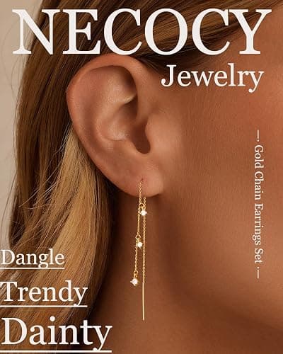 NECOCY Christmas Gift 14K Gold/Silver Plated Dangle Earrings for Women Dainty Long Hanging Chain Earrings Trendy Dangling CZ/Pearl Threader Earrings for Women Jewelry thumbnail 2