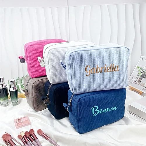 GOPHIE Personalized Embroidered Makeup Bag,Custom Waffle Fabric Cosmetic Pouch for Women, Travel Makeup Pouch (1, White) thumbnail 6