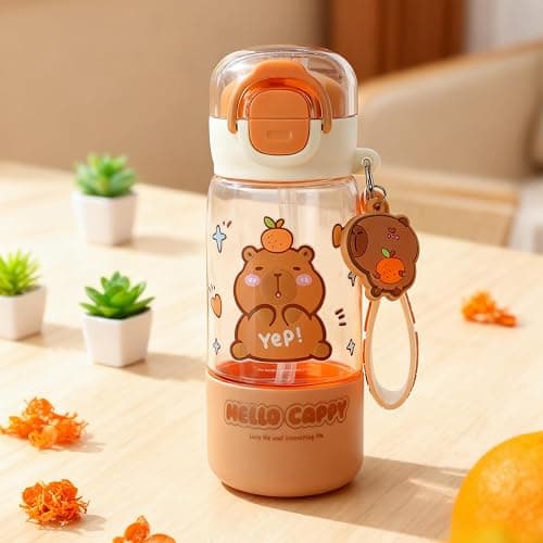 Lebaley Capybara Water Bottle with Lid Keychain - 420ml/15oz Cute Water Bottles with Straw and Leak Proof Locking Lid, Bpa-free Plastic Kids Water Bottle for Boys Girls Outdoor Sports Capybara Stuff thumbnail 2