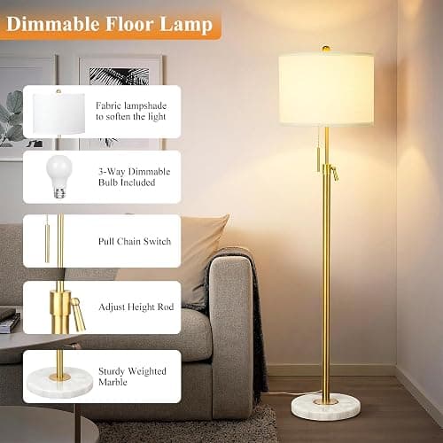 【Upgrade】 Gold Floor Lamps for Living Room, 55"-67" Height Adjustable Modern Standing Lamp with Marble Base, Pull Chain Switch, 3-Way Dimmable Tall Pole Lamp for Bedroom Office Reading, Bulb Included thumbnail 4