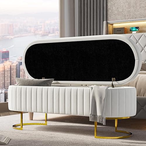 EcoHarbor Living 50" Storage Bench Ottoman End of Bed Bench Bedroom Bench, Upholstered Velvet Long Window Bench with Gold Legs, Flipping Lid Entryway Footrest - Ivory - 50'' with 2 ottomans