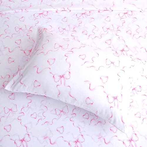 FEKOHIPY Kids Sheet Set Bowknot Pink Twin Size Bedsheet for Girls, 3PCS Bow Printed Microfiber Soft Breathable Children Bedding Easy-Fit 14 Inch Deep Pocket thumbnail 5