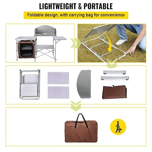 VEVOR Camping Kitchen Table, Aluminum Portable Folding Camp Cook Station with Windscreen, Cupboard, Storage Organizer, Carrying Bag, Quick Installation for Outdoor Picnic Beach BBQ RV Traveling, Brown thumbnail 7