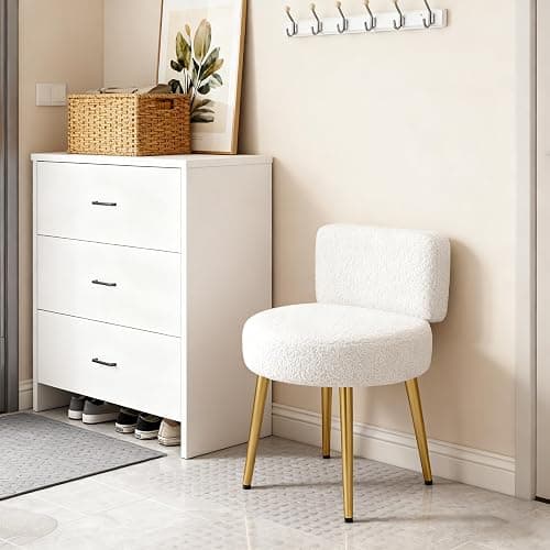 Warmiehomy Dressing Table Stool with Gold Legs and Tufted Back Comfy Makeup Vanity Stool Chair for Dressing Table, Bedroom, Living Room, White, Teddy Velvet thumbnail 7