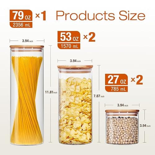 HomArtist Glass Jars with Bamboo Lids [Muti Size Set of 5], Glass Canisters with Airtight Lids, Glass Food Storage Containers for Pasta, Oats, Coffee, Flour, Sugar, Rice, Best for Kitchen & Pantry thumbnail 3