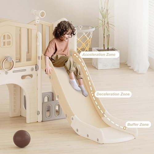 YUFU 8 in 1 Toddler Slide Set, Kids Slide for Toddlers Age 1-3, Toddler Playset with Climber, Basketball Hoop and Ball, Outdoor Indoor Playground for Toddlers 1-3 (Beige+Coffee) thumbnail 4