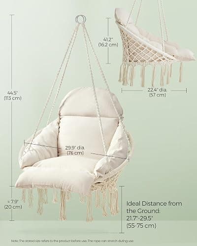 SONGMICS Hanging Chair, Boho Swing Chair with Large, Thick Cushion | Hammock Chair, Holds up to 264 lb, Accessories Included, Cream White, SOGNIA Collection, UGDC042M01V3 thumbnail 2