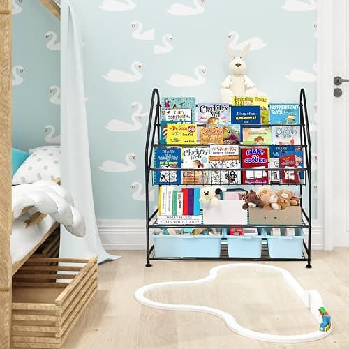 aboxoo Metal Kids Bookshelf Black Large Freestanding for Children Room 32 in Toy Organizer Large Stable Bookcase Bookstore Library Book Unit Storage Kids Bed Living Room thumbnail 7