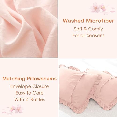 Masaca Blush Ruffle Comforter Full Size,3 Pieces Farmhouse Shabby Boho Chic Bedding Sets Full,Women Girls Bedroom Vintage Rustic Bedding Comforter Set All Season thumbnail 4