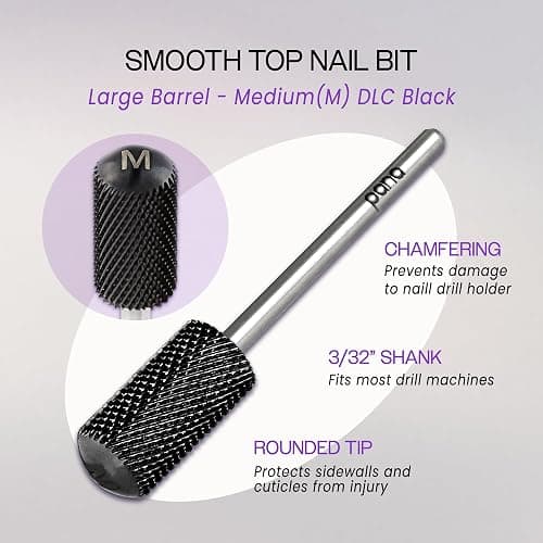 PANA 3/32" Large Smooth Round Top Safety Carbide Nail Drill Bit for Gel Polish & Acrylic Removal Nail Salon Manicure Pedicure Electric File Tools (Large Barrel - DLC Black, Medium) thumbnail 2